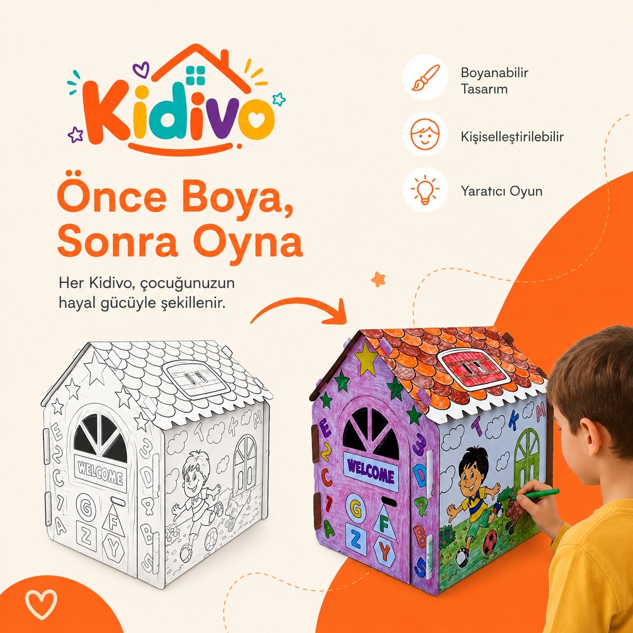 KİDİVO® XXL Boyanabilir Karton Oyun Evi
