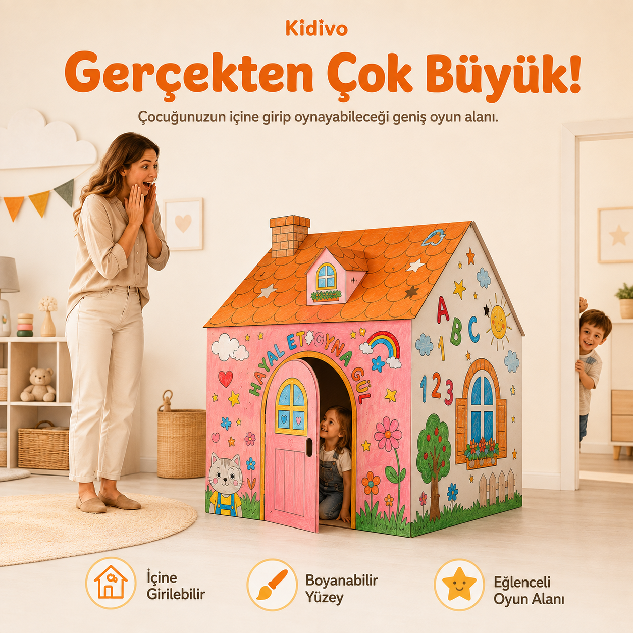KİDİVO® XXL Boyanabilir Karton Oyun Evi